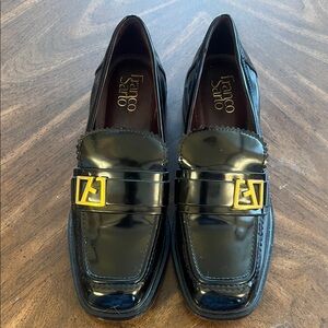 Franco Sarto Glossy Black Loafers with Gold Detail